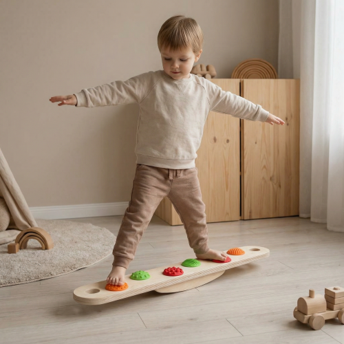 Balance track with massage elements and balance board
