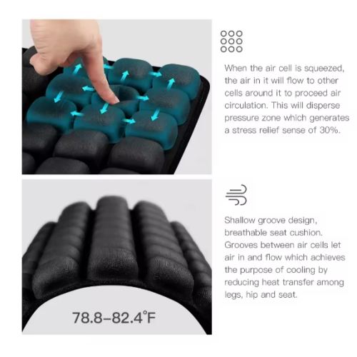 Inflatable massage cushion for sitting with a pump