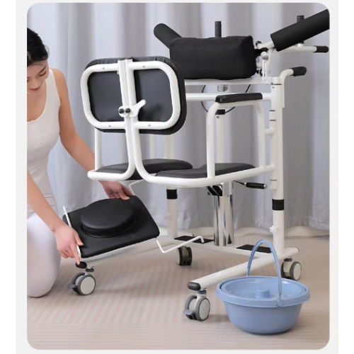A chair with a toilet on wheels with a hydraulic lift