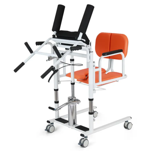 A chair with a toilet on wheels with a hydraulic lift