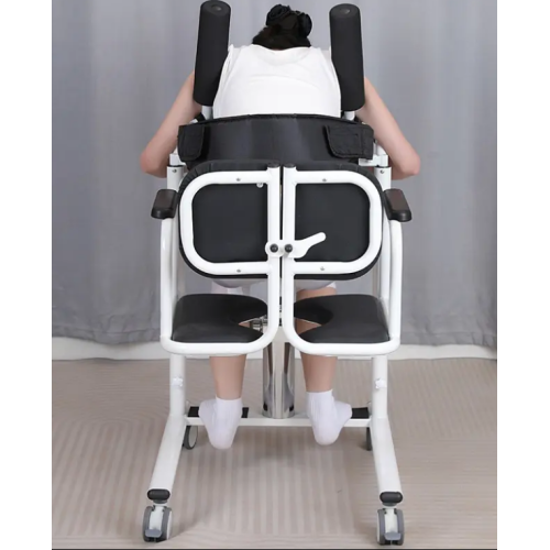 A chair with a toilet on wheels with a hydraulic lift