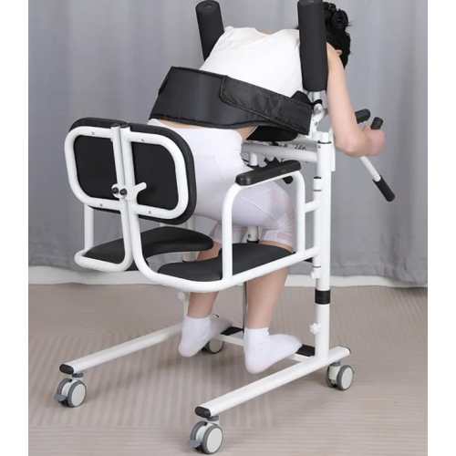 A chair with a toilet on wheels with a hydraulic lift