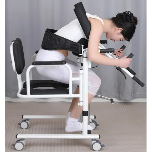 A chair with a toilet on wheels with a hydraulic lift